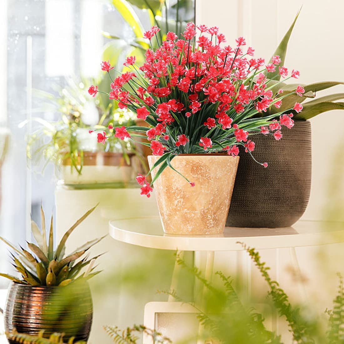Zukuco 12PCS Artificial Flowers,Fake Greenery Faux Plastic Bushes Fake Shrubs UV Resistant Faux Plastic Plants for Wedding Hanging Bouquet Indoor Outdoor Home Garden Office Vase(Red)