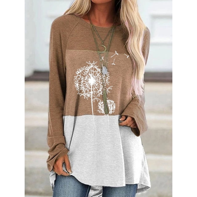 Minnieouse Suéter suelto de manga larga para mujer, camisa informal con estampado de cuello redondo, sudadera informal con estampado para chica Prendas para la parte del cuerpo Caqui XXL Minnieouse AP003825-05