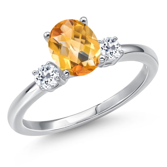 Gem Stone King 14K White Gold Yellow Citrine and White Topaz Engagement Ring for Women | 1.53 Cttw | Oval Checkerboard 8X6MM | Gemstone November Birthstone | Size 6