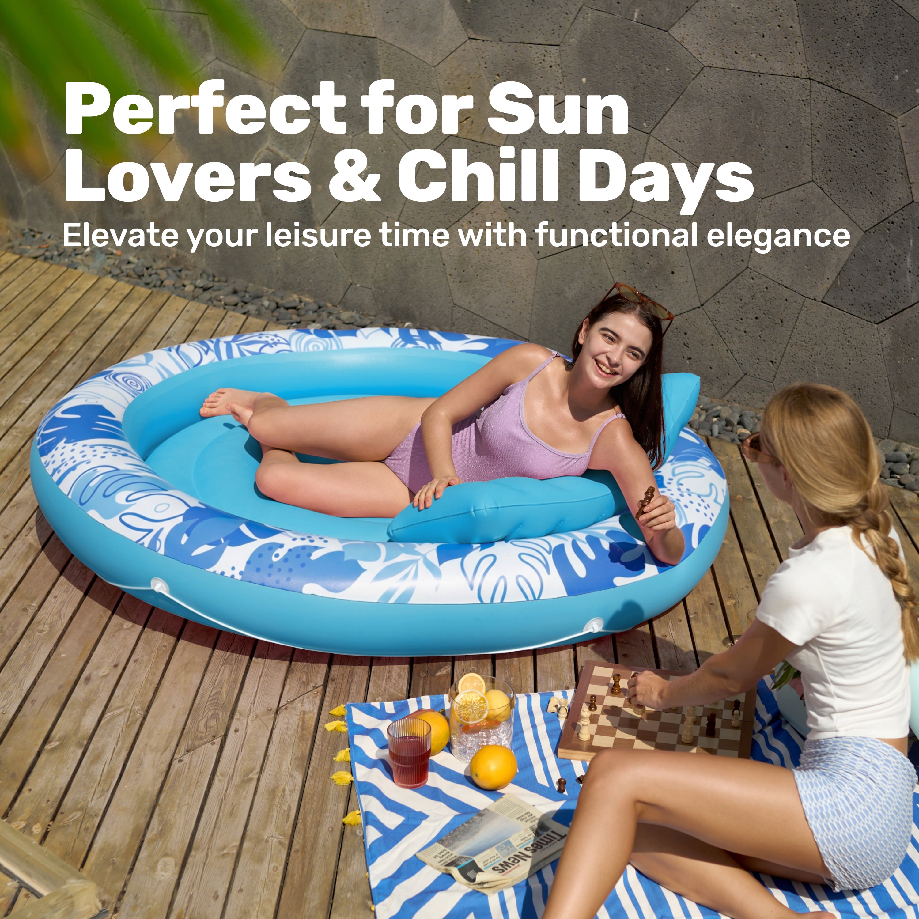 SLOOSH Inflatable Tanning Pool Lounger Float for Adults, 72" x 65" Large Suntan Tub Pool Floats Tanning Bed Blow up Pool Raft Lounge Floatie for Lake, Outdoor, Backyard, Swimming Pool