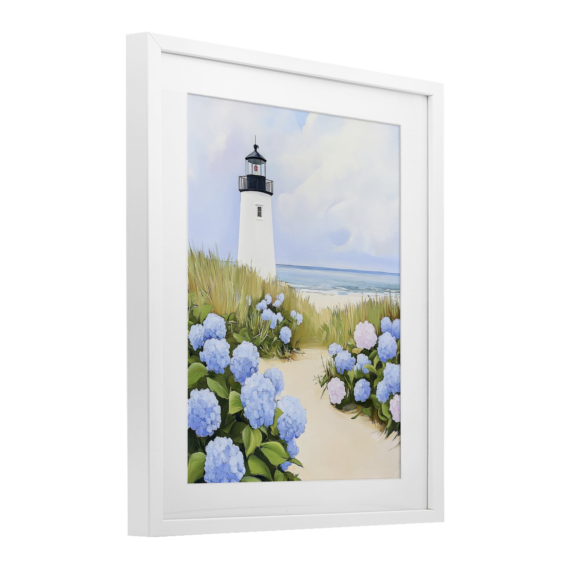 Stupell Industries Hydrangea Path Leading to Lighthouse White Framed Print Under Glass, design by Sisi and Seb