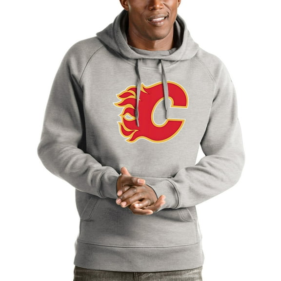 Men's Antigua Heathered Gray Calgary Flames Logo Victory Pullover Hoodie