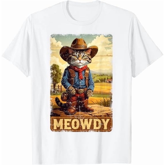 Greenink Vintage Meowdy Cat Cowboy Country Western Funny Cat Lover Shirt Unisex Classic Fit Pure Cotton Tee