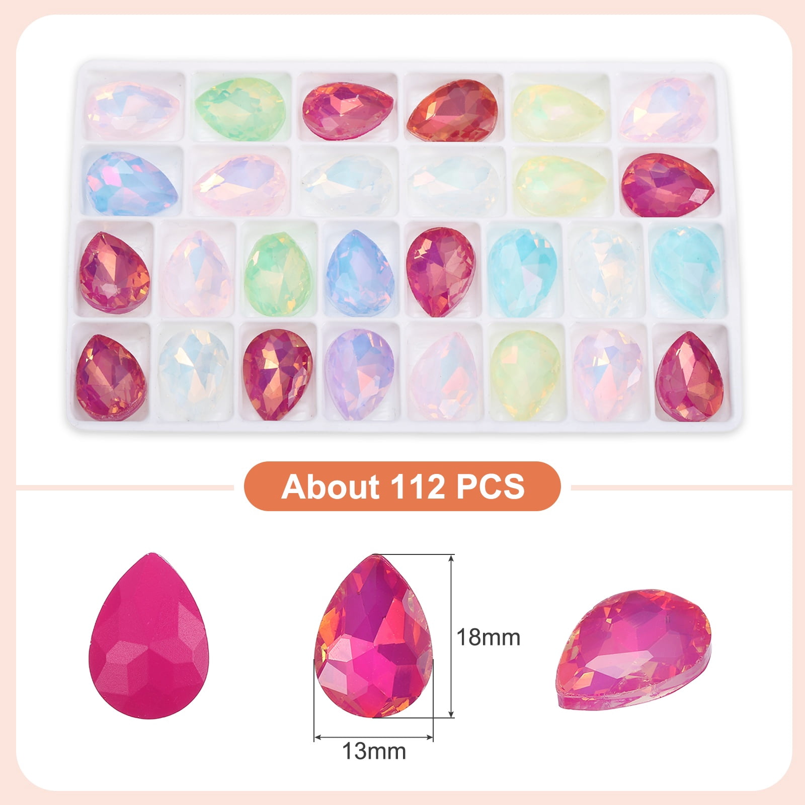 Uxcell 0.71'' x 0.51'' Tear Drop Rhinestones for Nails Pointed Back Rhinestones Setting Crystals Stone Colorful 112 Pcs