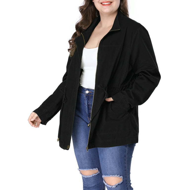 Unique Bargains Women's Plus Size Drawstring Waist Zip-up Utility Jacket 