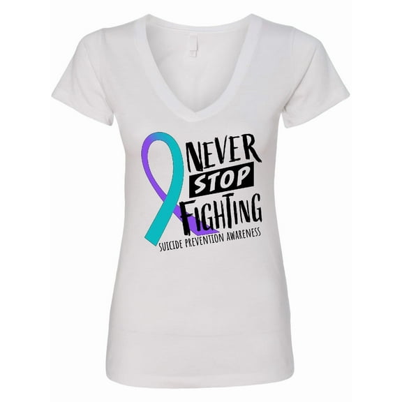 Inktastic Never Stop Fighting Suicide Prevention Awareness Ribbon Women's V-Neck T-Shirt
