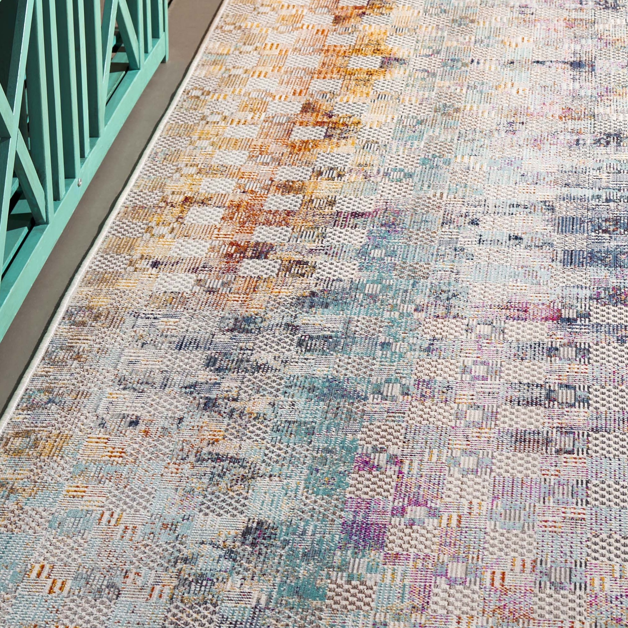 SAFAVIEH Rainbow Jamel Abstract Indoor/Outdoor Runner Rug, Blue/Gold, 2'6" x 8'