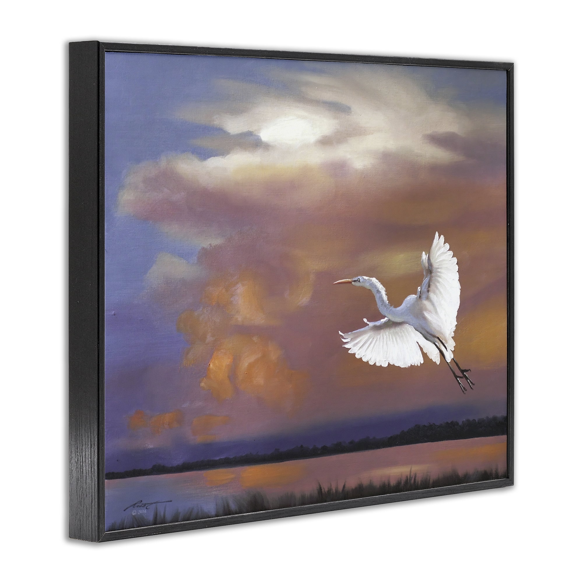Stupell Industries Heron Flying with Sunset Landscape Painting Black Framed Art Print Wall Art, 14 x 11