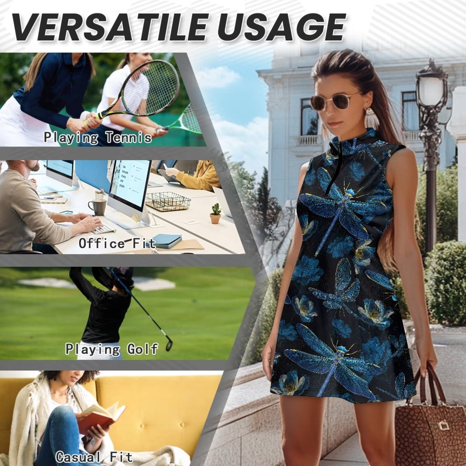 Yuyamidu Blue Dragonfly Womens Golf Dresses with Inner Shorts Tennis Dress for Women Sleeveless Moisture Wicking Workout Dress Size 2XL Elegant 2 Piece Sports Wear