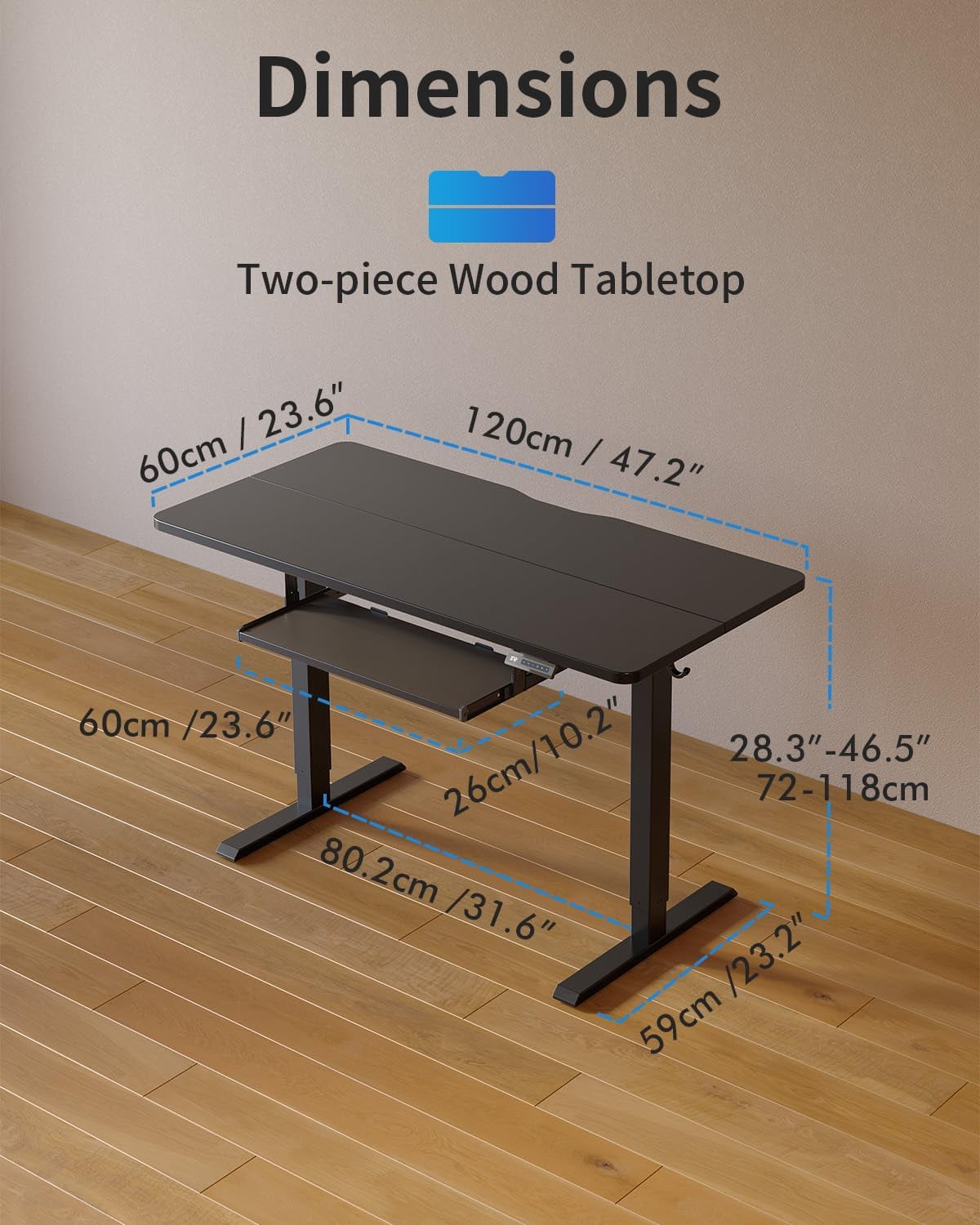 DESINO Standing Desk with Keyboard Tray, 48 x 24 inch Height Adjustable Electric Standing Desk, Sit Stand Up Desk, Computer Office Desk, Black