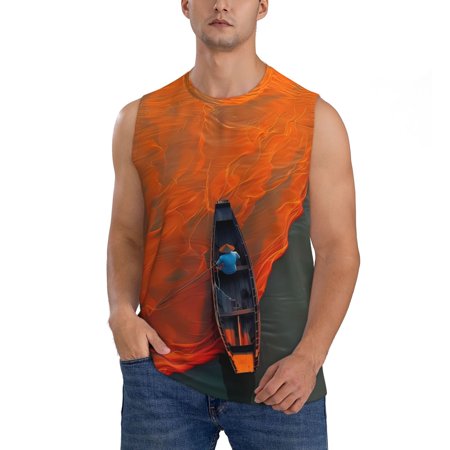 Haiem Men s Orange Net Fishing Boat Print Tank Tops Summer Sleeveless Cut Off Workout T-Shirts Fitness Vest Athletic Undershirts-3X-Large