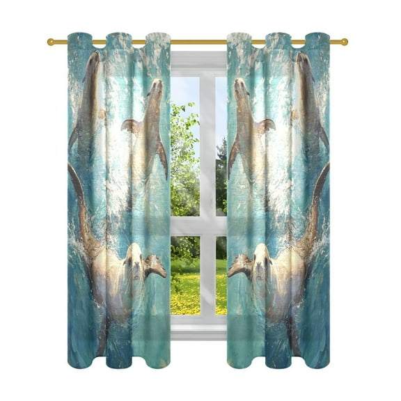 Window Curtain Panels Cotton Linen Decorative Curtains - Symmetrical Sea-lion Play on The OceanWindow Shade Backdrops for Home Office Sunroom Country House