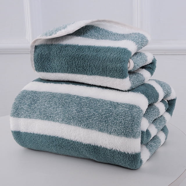 Nvzi Toallas de 2 piezas, 35 x 75 cm, de felpa coral con franjas anchas, ligeras y de secado rápido, ideales para el baño y el aseo (verde).
