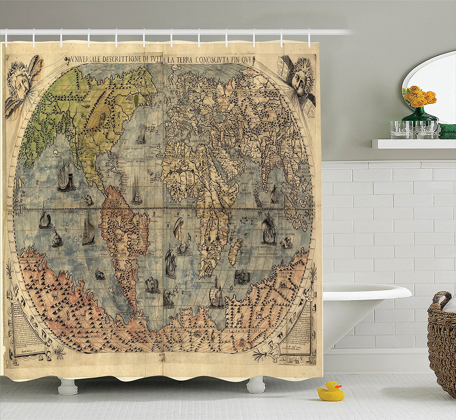 Ancient Map of World Global History Stained Paper Oceans Lands Atlas Educational Art Ivory Blue Green Ambesonne Antique Decor Collection Polyester Fabric Bathroom Shower Curtain with Hooks 