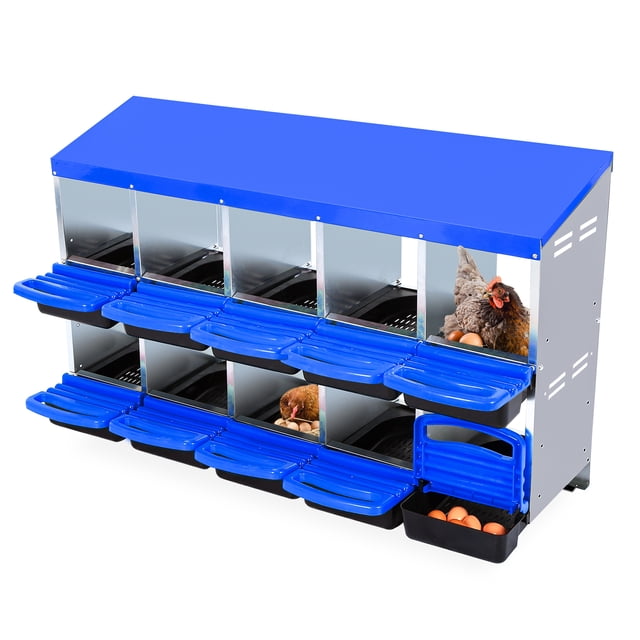 10 Hole Chicken Nesting Box - Galvanized Steel Roll Away Design, Rustproof Metal Laying Box with Removable Dividers & Ventilation, Easy Egg Collection & Cleaning for Indoor/Outdoor Coop