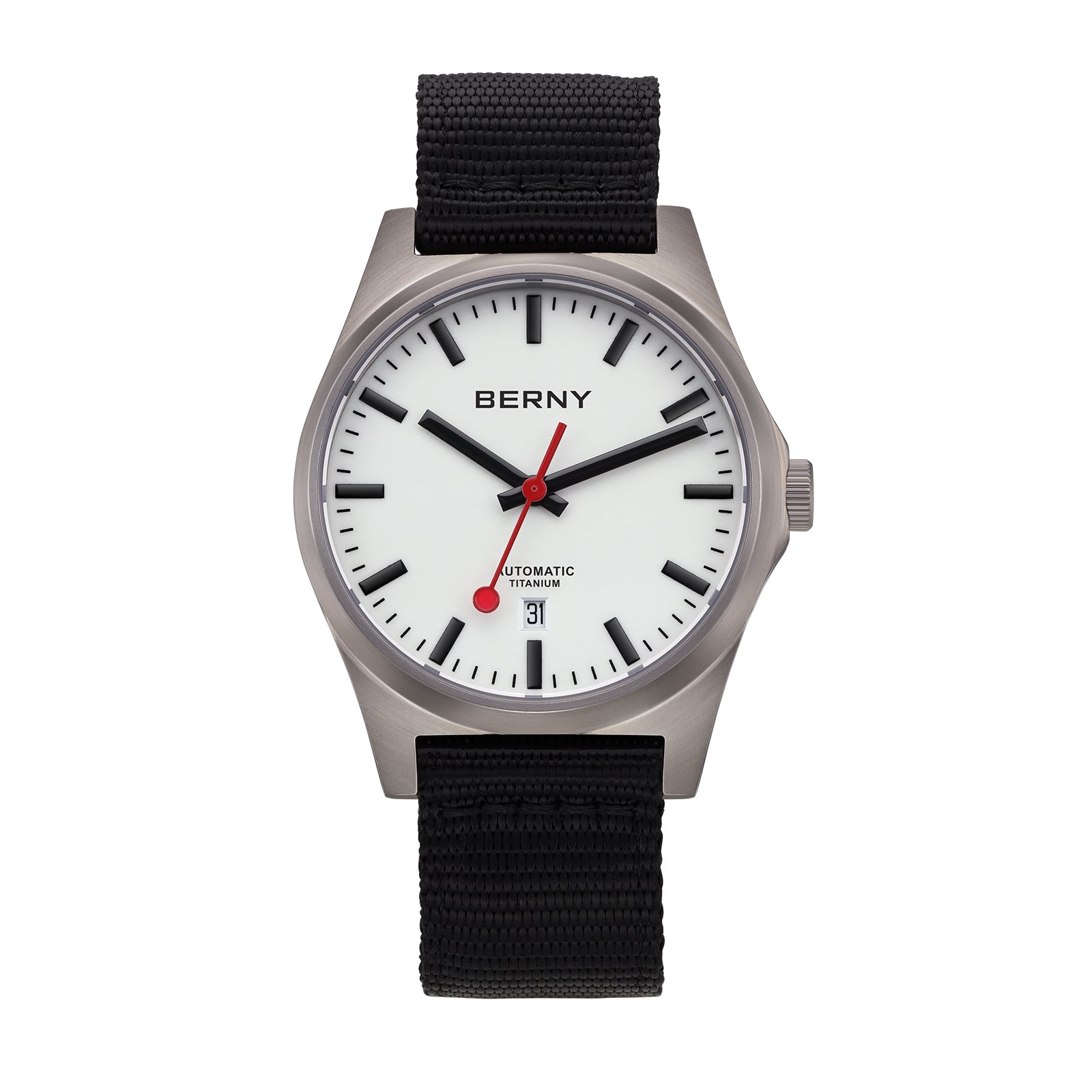 BERNY Automatic Titanium Watches for Men, Sport Casual 10ATM Waterproof Analog Mechanical Watch with Date, Nylon Strap, Super Luminous, Sapphire Crystal, Fashion Minimalist Wrist Watch (White)