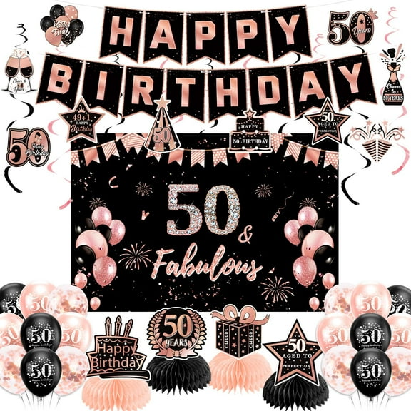 50th Birthday Decorations for Women, Pre-Strung Black Rose Gold Happy Birthday Banner Balloons Backdrop Honeycomb Centerpieces & Hanging Swirl Streamers, 50 Years Old Birthday Party Decorations Kit