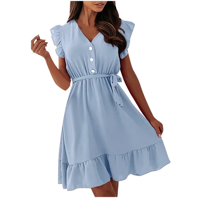 Fridja Robe Courte Décorative Sans Manches à Col en V avec Ceinture pour Femme