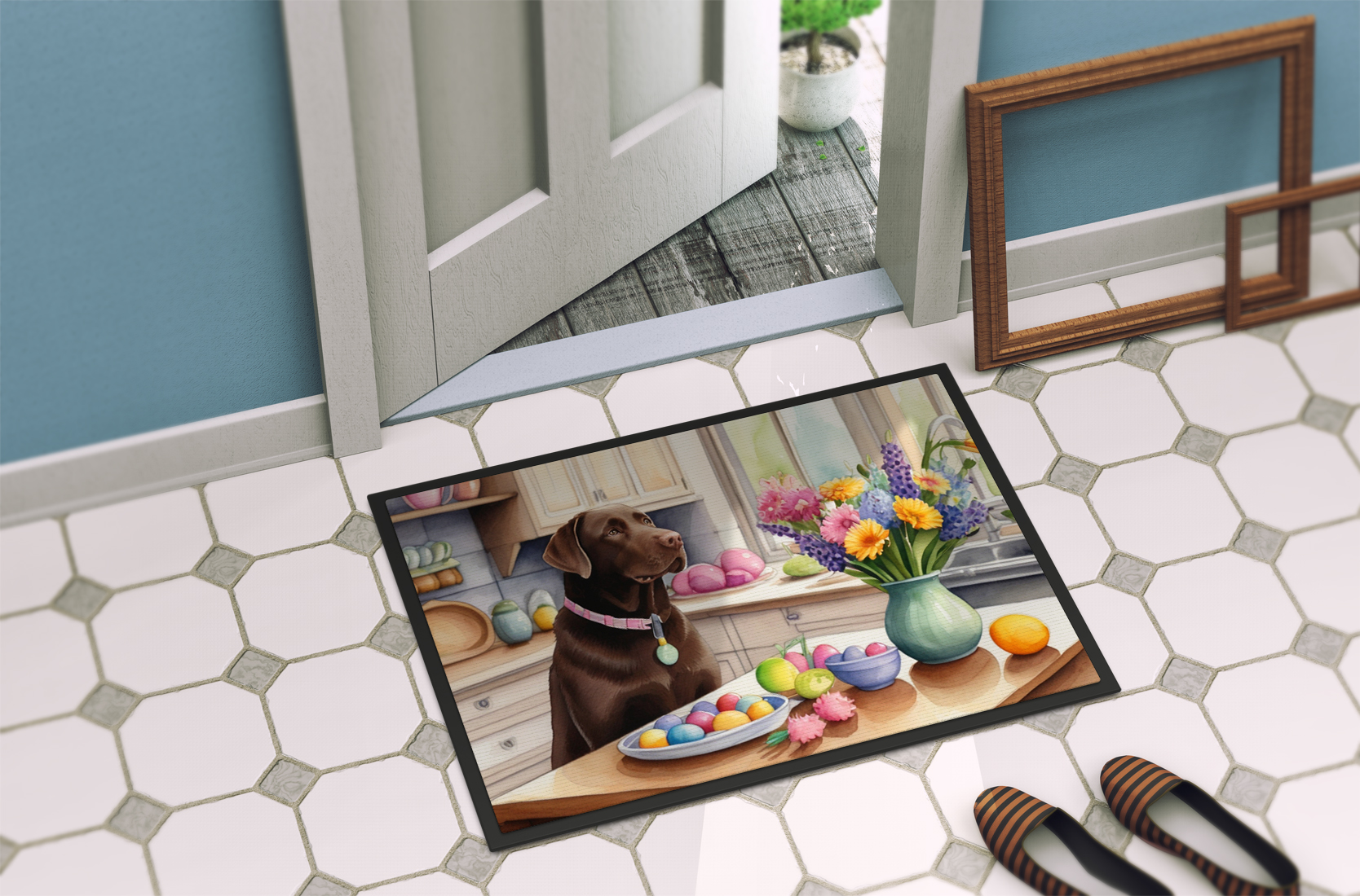 Decorating Easter Yorkshire Terrier Doormat