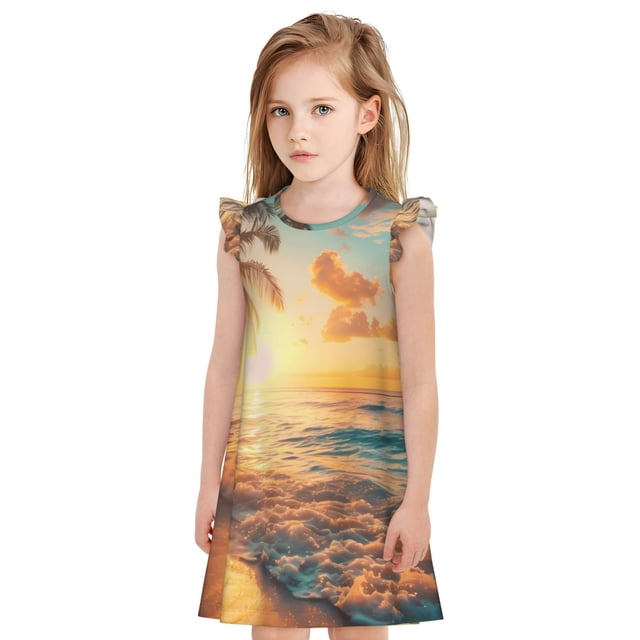 Fotbe Tropical Sunset Beach Scene Vestido de Dormir para Niñas de 3 a 10 Años, Mangas Cortas, Estilo Princesa, Pijama Camisón con Mangas Voladas-Medium