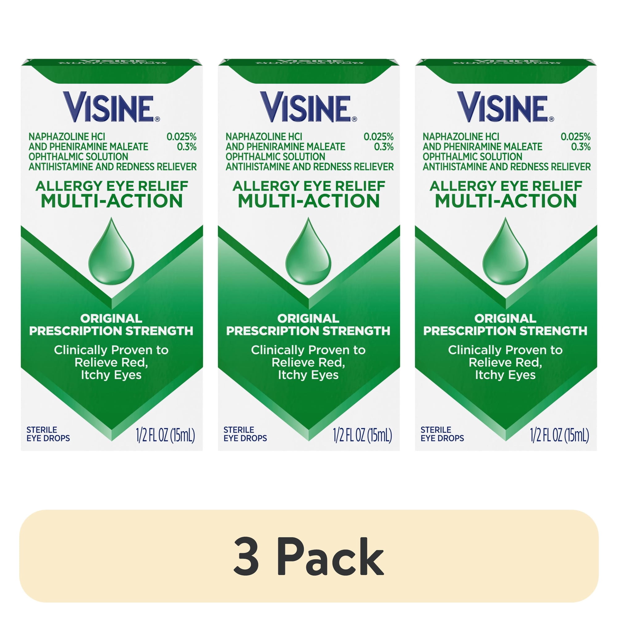 (3 pack) Visine Allergy Relief Multi-Action Antihistamine Redness Reliever Eye Drops, 0.5 fl. oz