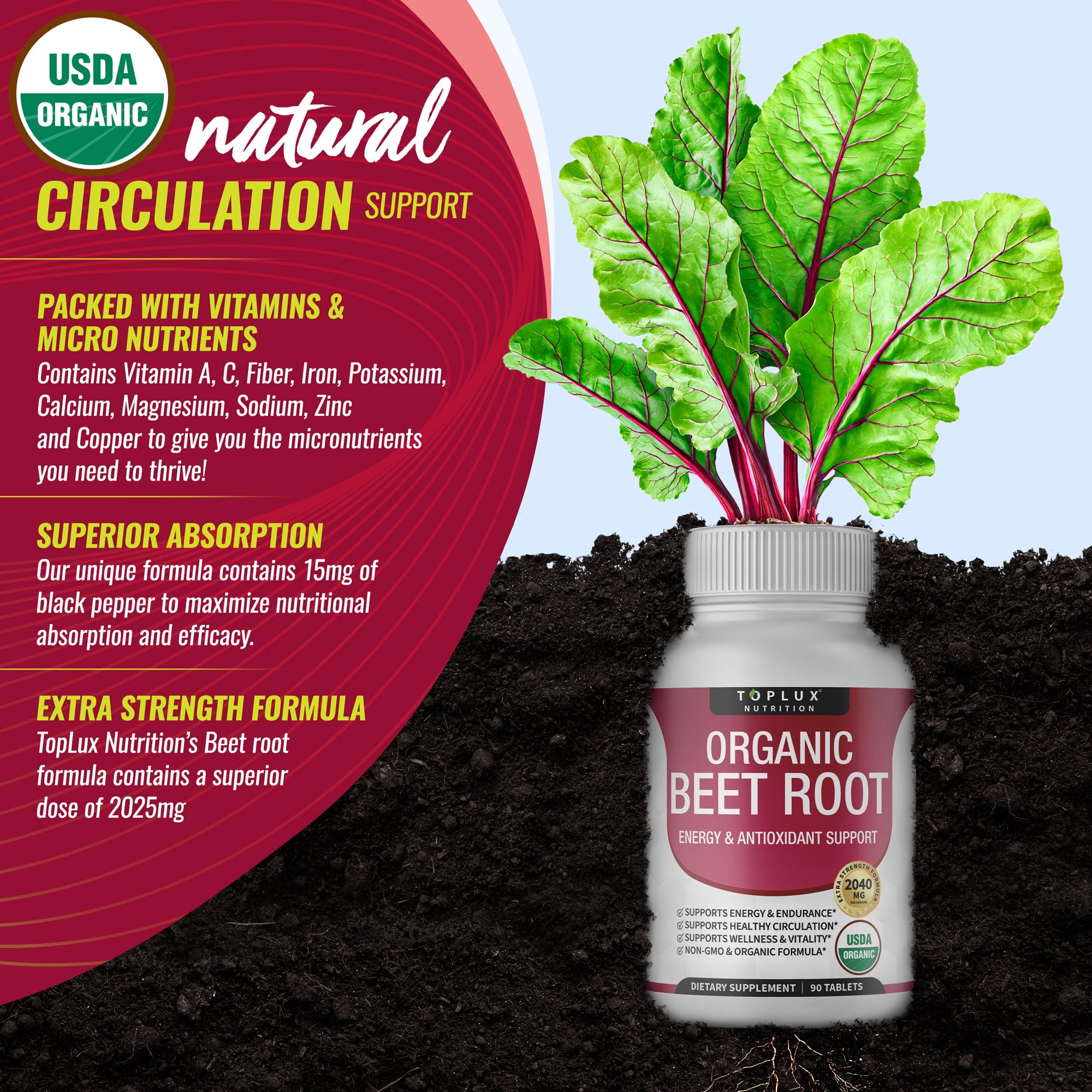 Toplux Organic Beet Root Capsules 2040mg Beet Root Supplement Support Circulation Heart Health 90 Tablets