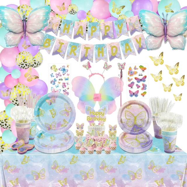 256 Pcs Butterfly Party Decorations - Including Plates, Tablecloth, Balloons, Banner, Butterfly Stickers, Cups, Butterfly Wing Set for Butterfly Birthday Decorations, Fairy Party Supplies