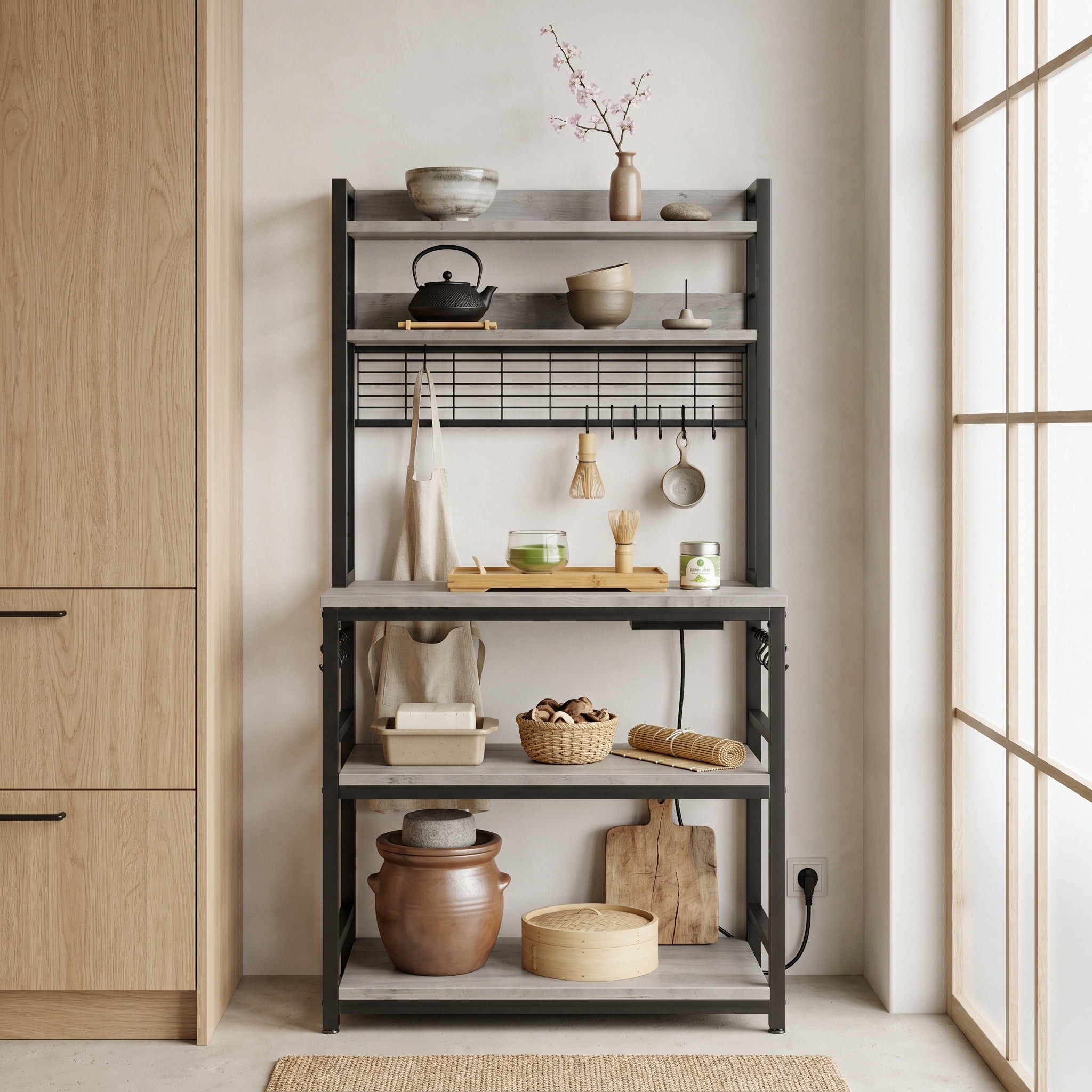 Nordic Hygge 66.9 in. Tall Bakers Rack with Power Outlet, Greige and Black