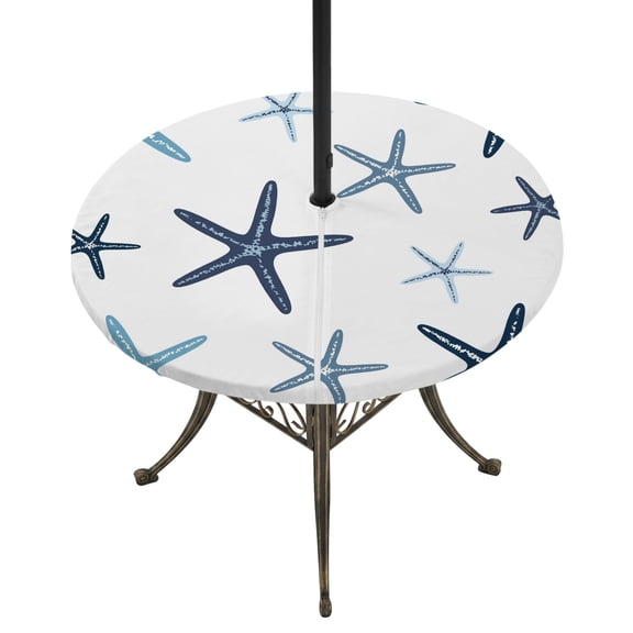 Round Outdoor Tablecloth with Umbrella Hole and Zipper, Navy Blue Starfish Tablecloth with Elastic Waterproof, Coastal Summer Beach Nautical Patio Table Covers for 36" - 44" Picnic Pool Tables