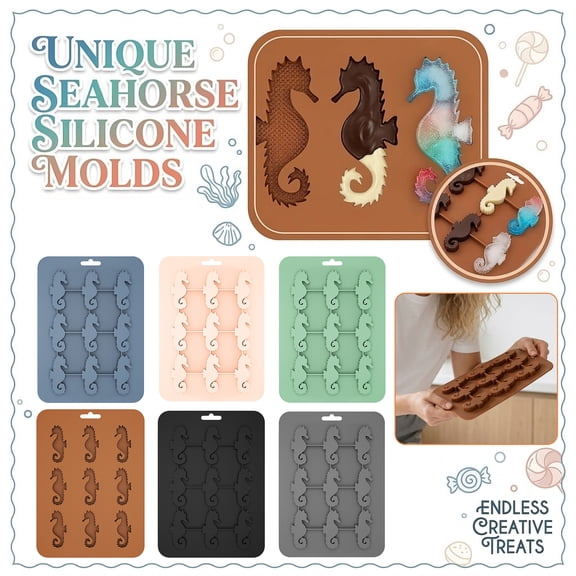 Silicone Chocolate Molds, Seahorse, Ice-Cube Trays, Black Silicone, 9 Cavity, 10X6 In, Homemade Treats, Summer Chilling, Freezer Use, 1 Pc
