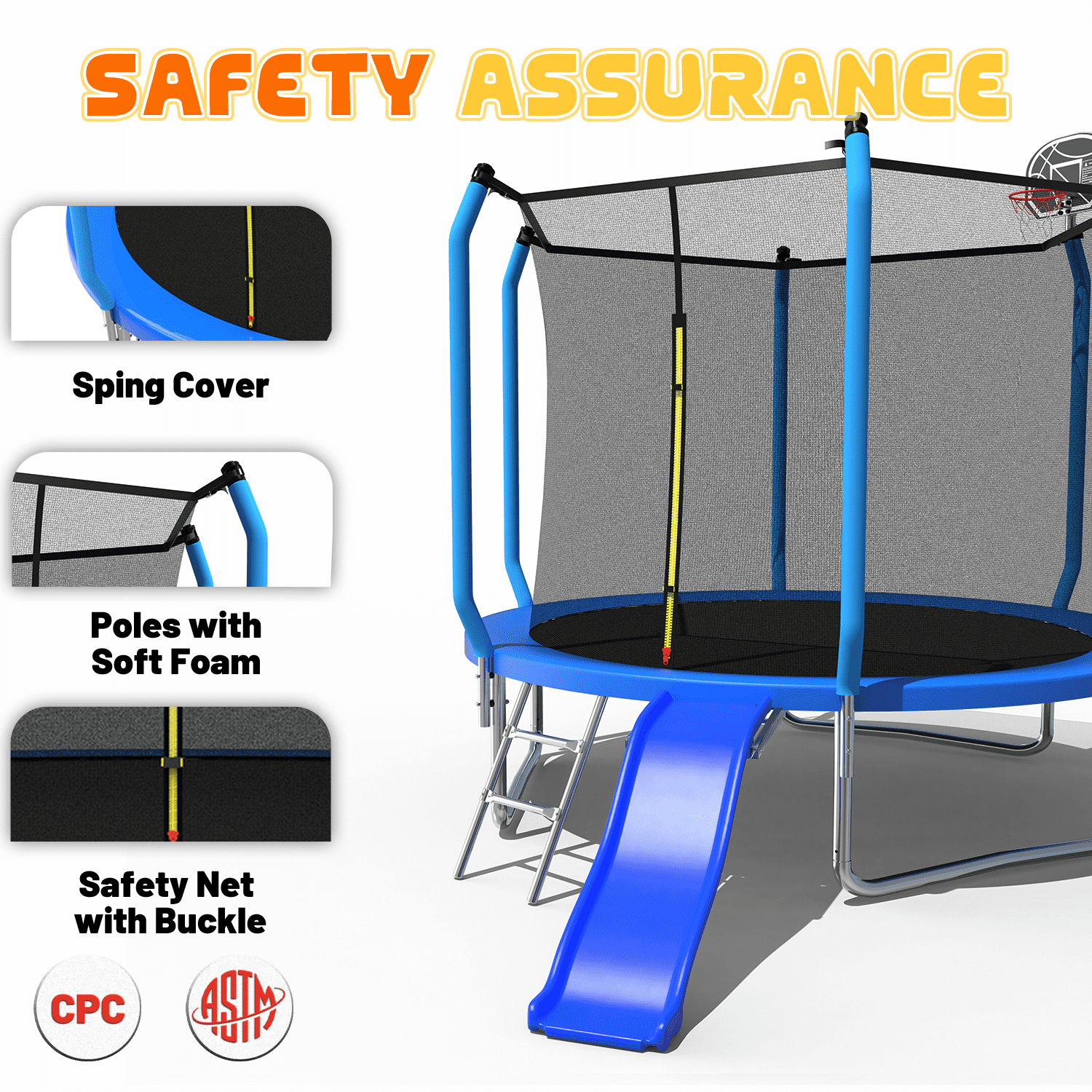 Mersco 8FT Heavy Duty Trampoline with Enclosure Net , Slide Outdoor Big Trampoline for Backyard,Kids Trampoline with Basketball Hoop,Birthday and Holiday Gifts for Kids,Blue
