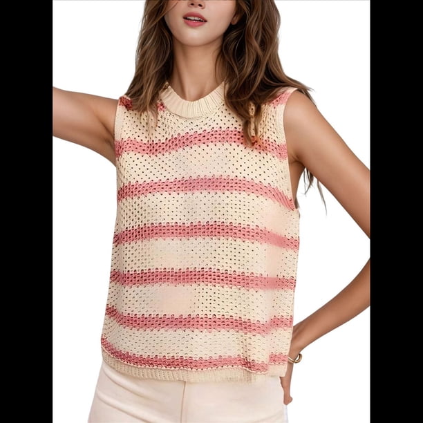 Suéter Tipo Camisa de Cuello Redondo, Holgado, Estilo Europeo y Estadounidense, con Rayas y Cuello Halter para Mujer Rosa L