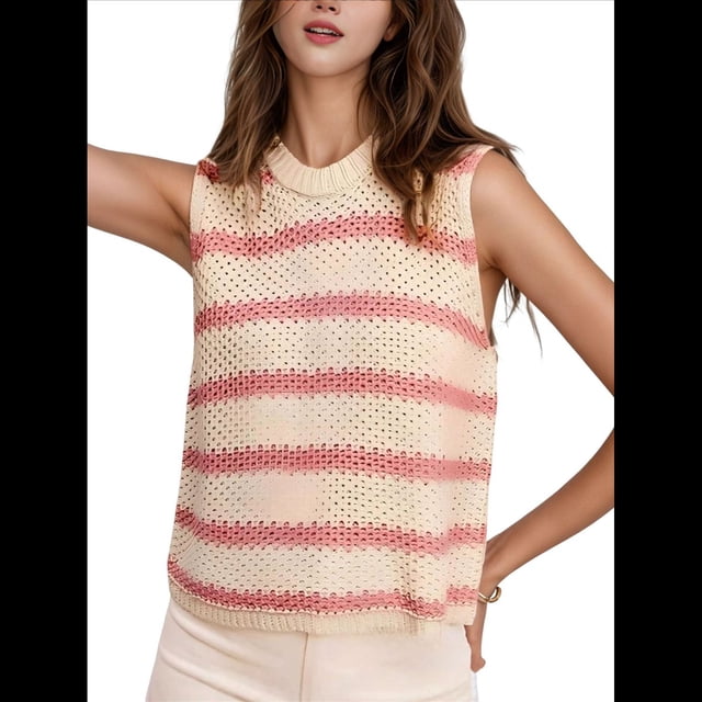 Suéter Tipo Camisa de Cuello Redondo, Holgado, Estilo Europeo y Estadounidense, con Rayas y Cuello Halter para Mujer Rosa L