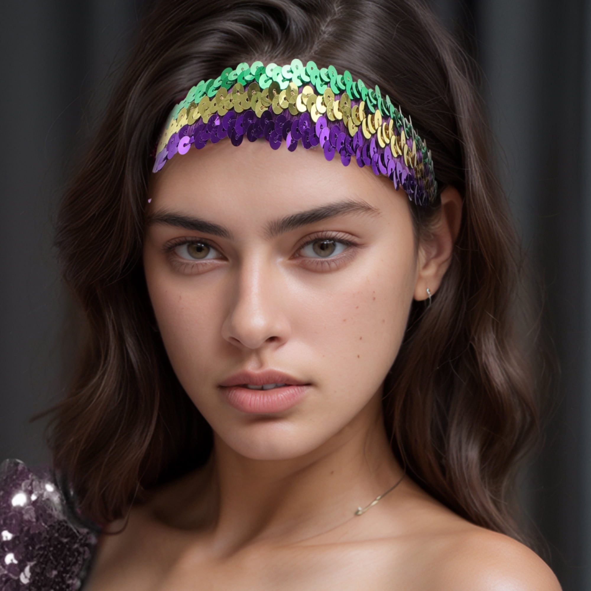 Unique Bargains Stretch Sequins Headbands 1 Pc Gold Tone Green Purple