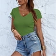 thumbnail image 5 of Short Sleeve Shirts for Women V Neck Summer Ribbed Tshirts Slim Fit Spring Fashion Going Out Basic Tees Green M, 5 of 5