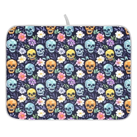 Ryvnso Skull Flowers Daisy Dish Drying Mat for Kitchen Countertop 16x18 Small Dish Pad Drainer Rack Dish Sink Mats