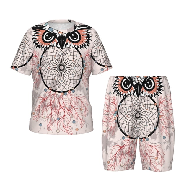 Fotbe Dreamcatcher With Owl Pijama Estampada de 2 Piezas para Niños – Ropa de Dormir de Manga Corta Cómoda para Niños y Niñas, Camiseta y Shorts de Algodón-Medium