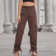 thumbnail image 2 of Pantalones cargo para mujer Cordón lateral Bolsillos múltiples Pantalones largos casuales de color puro para uso diario Marrón M, 2 of 8