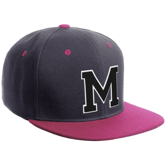 Daxton Classic Snapback Hat Custom A to Z Initial Varsity Letters, Charcoal Hot Pink Hat White Black Letter M