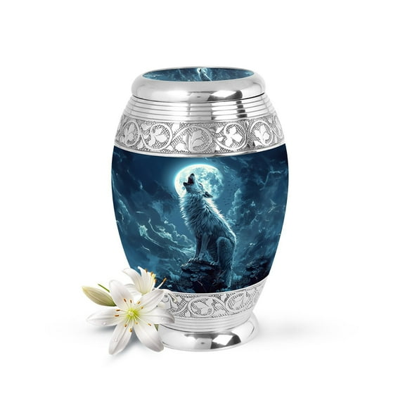 Wolf Design Cremation Urn for Adults, Decorative Urn for Ashes, , Perfect Memorial Urn, Personalized Urn, in 3" Keepsake & 10" Large Size