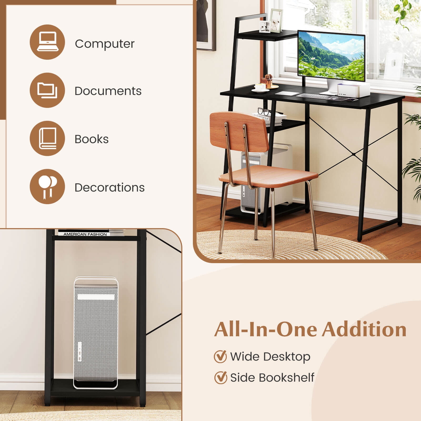 Costway Home Office Desk, PC Laptop Workstation with Bookshelf, Host Stand, Metal Frame Black