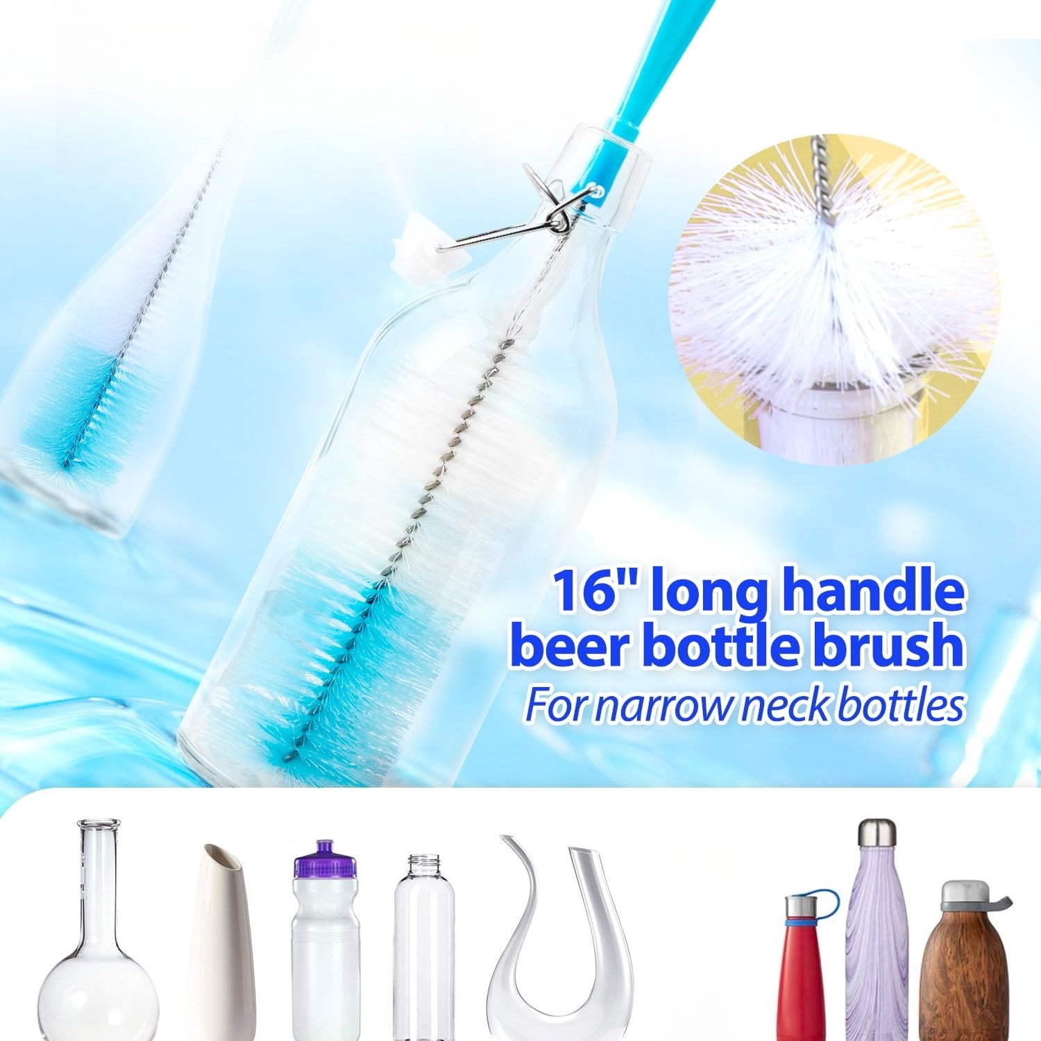Bottle Brush Tube Cleaning Lab Set with Long Handle, Cup Cleaner for Washing Narrow Neck Beer Wine Decanter Pipes Lids Sinks Cap Covers,