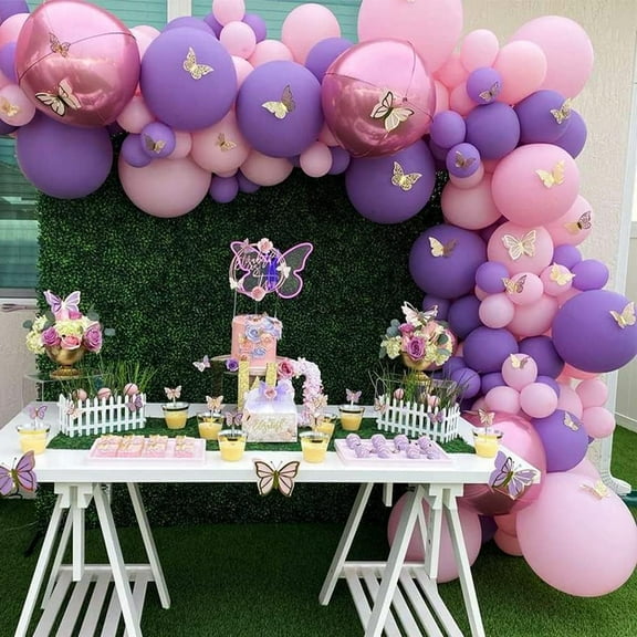 Balloon Arch Kit, Garland Balloons Pink Purple Decoration with Gold Butterfly for Birthday Baby Shower Christening Wedding, Party Decoration Supplies