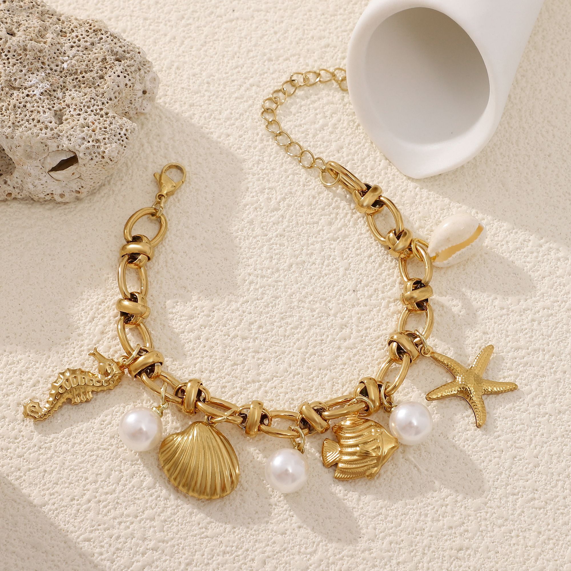 Seashell Charm Bracelet for Women by Ginger Lyne Gold Plated Stainless Steel Pearls Starfish and Shells