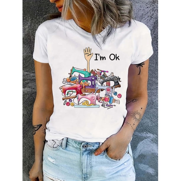 I'm Okay" Graphic Print T-Shirt for Women - Comfy & Stretchy Short Sleeve Crew Neck Top, Breathable Blend, Perfect for Summer & Spring