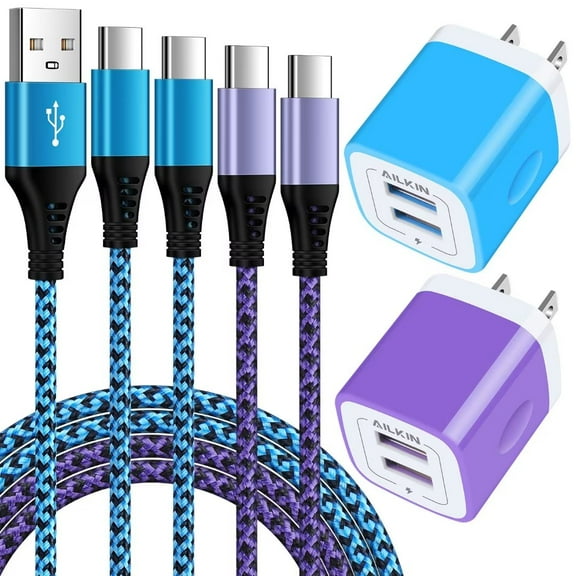 Charging Block,Type C Charger Block Fast Charging AILKIN 2PCS Dual Port Charger Block with 4PCS Type C Charging Cables 6ft USB C Cables Wall Charger Block Plug Android Charger Phone Cords Type C
