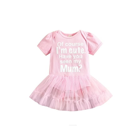 

aturustex Summer Baby Girls Romper Infant Sweet Style Letter Printing Mesh Skirt Splicing Short Sleeve Round Collar Jumpsuit