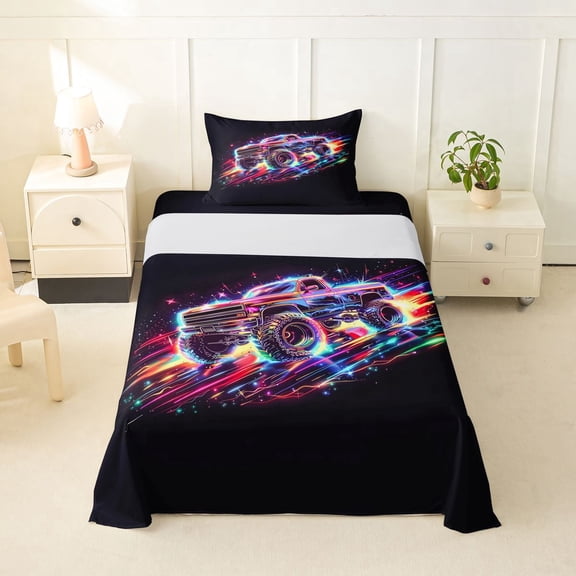 Manfei Monster Truck Twin Sheets,Neon Lights Print Bedding,Black,3-Piece,1 Fitted Sheet and 1 Pillowcase