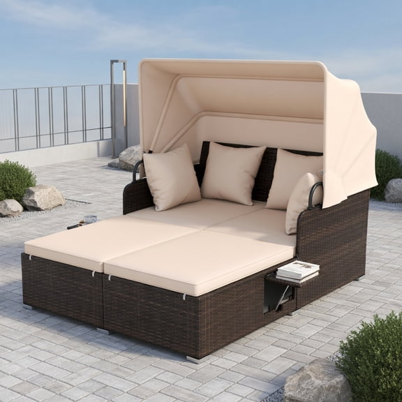 Topcobe Outdoor Patio Rattan Daybed with Retractable Canopy and Side Tables, Outdoor Patio Furniture Set, Easy to Assemble-Beige