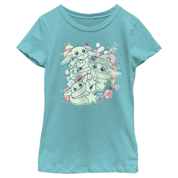 Girl's Star Wars: The Mandalorian Spring Cute Grogu Sunday Surprise Graphic Tee Tahiti Blue X Small